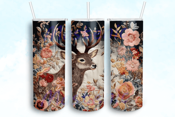 Embroidered Deer Floral 20oz Tumbler Png