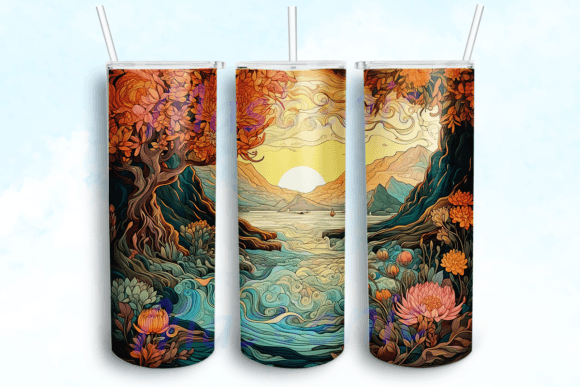 Embroidered River Design Tumbler Png
