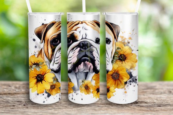 Watercolor Bulldog Sunflowers Design Png