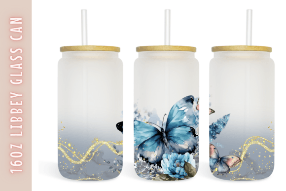 Watercolor Glitter Flower Butterfly Can