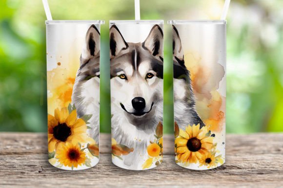 Watercolor Husky Sunflower Tumbler Wrap