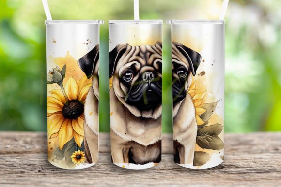 Watercolor Portrait Pug Sunflowers Png